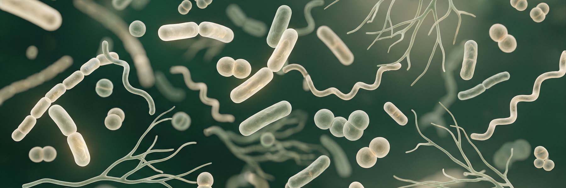 Wide banner illustration of a diverse gut microbiome — pale translucent microbes of varied shapes on a deep green background.